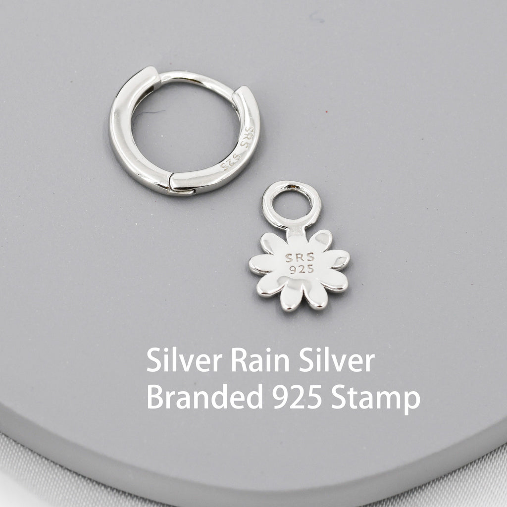 Little Daisy Flower Charmed Hoop Earrings in Sterling Silver - Cute Flower Blossom Huggie Hoop Earrings - Fun, Whimsical