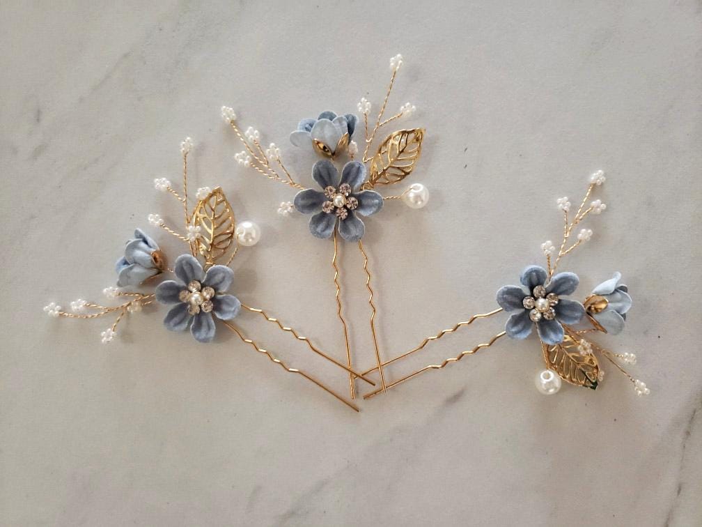 Bridal Hair Pins, Crystal Pearl Blue Flower Wedding Accessory