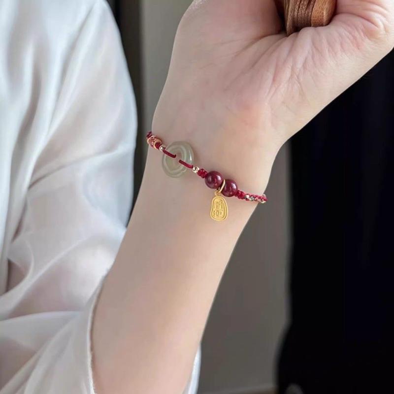 Lucky Red String Bracelet, Handmade Jade Circle Bracelet, Braided Protection Bracelet, Koi Charm Bracelet, Adjustable Gift for Her
