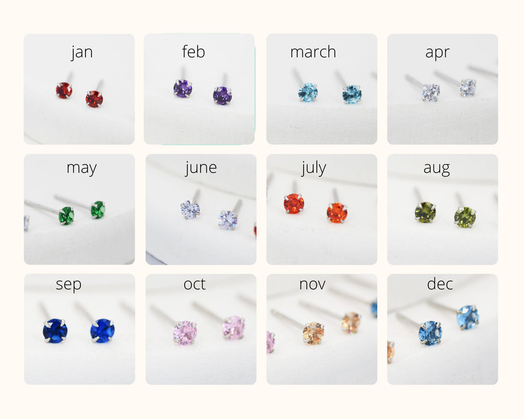 Sterling Silver Tiny Birthstone Stud Earrings, 3mm Birthstone CZ Earrings, Stacking Earrings
