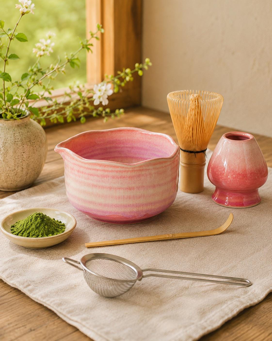 Natural Lavender Fog Matcha Bowl with Chasen Holder Matcha Gift Set Matcha Tea Gift Japanese Matcha Set of 4