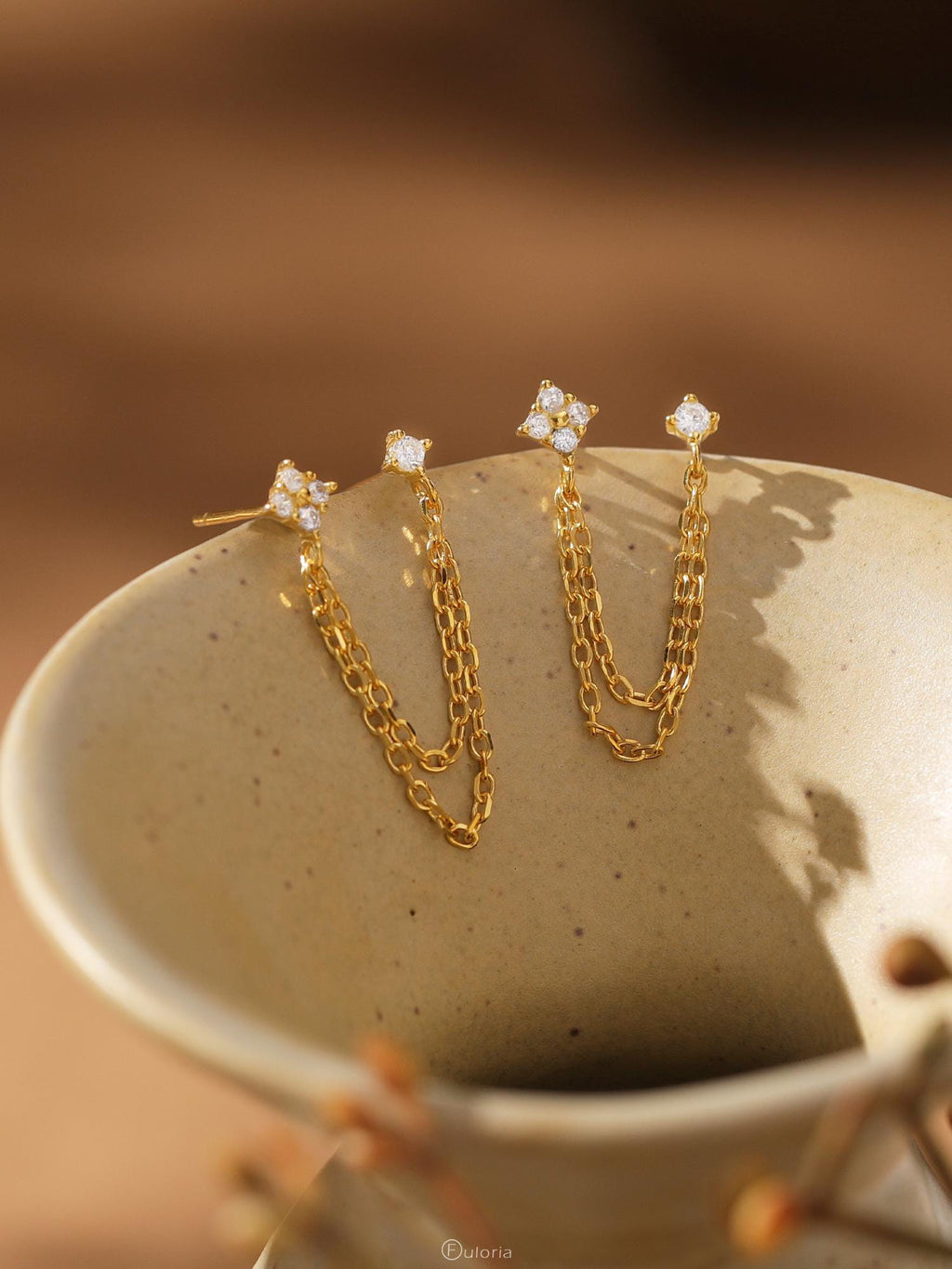 Double Piercing Diamond Stud Earrings, Gold Dangling Chain Earrings, Two Hole Gemstone Earrings, CZ Drop Earrings, Birthday Gift for Her