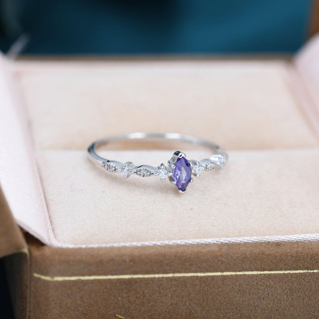 Vintage Inspired Amethyst Purple CZ Ring in Sterling Silver, Marquise Ring, Delicate Amethyst Ring, Size US 5 - 8