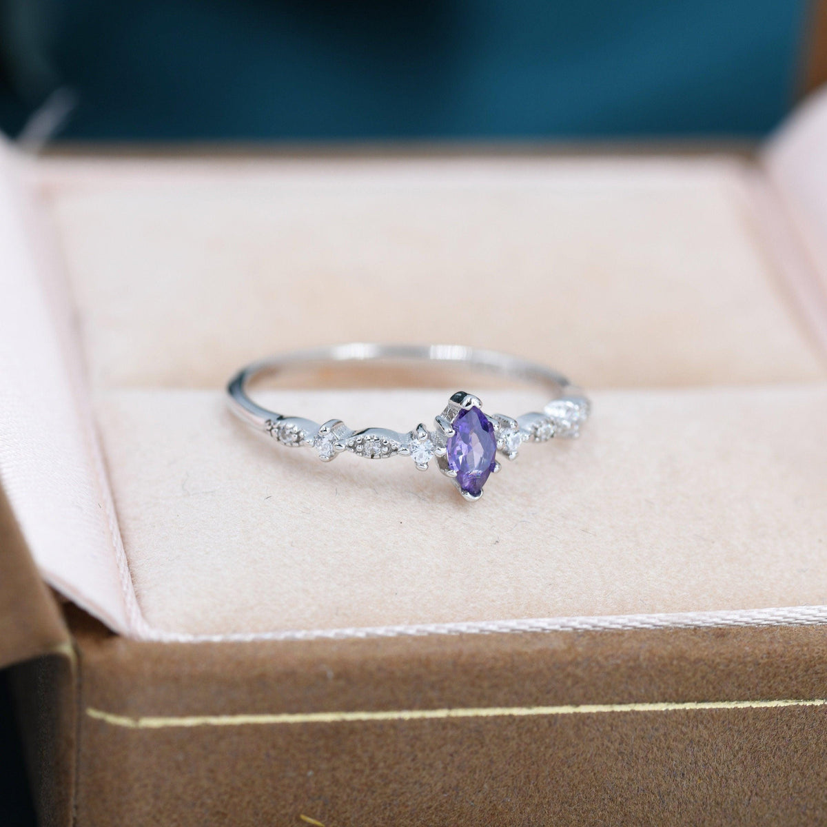 Vintage Inspired Amethyst Purple CZ Ring in Sterling Silver, Marquise Ring, Delicate Amethyst Ring, Size US 5 - 8