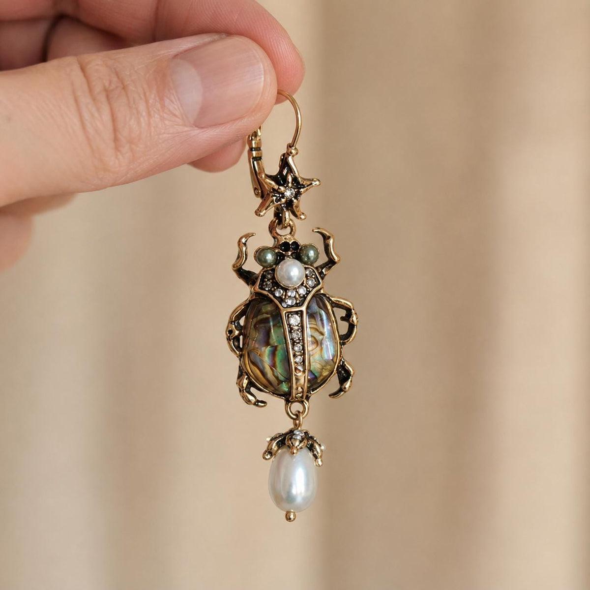 Beetle Earrings, Iridescent Shell and Baroque Pearl Dangles, Victorian Gothic Insect Jewelry