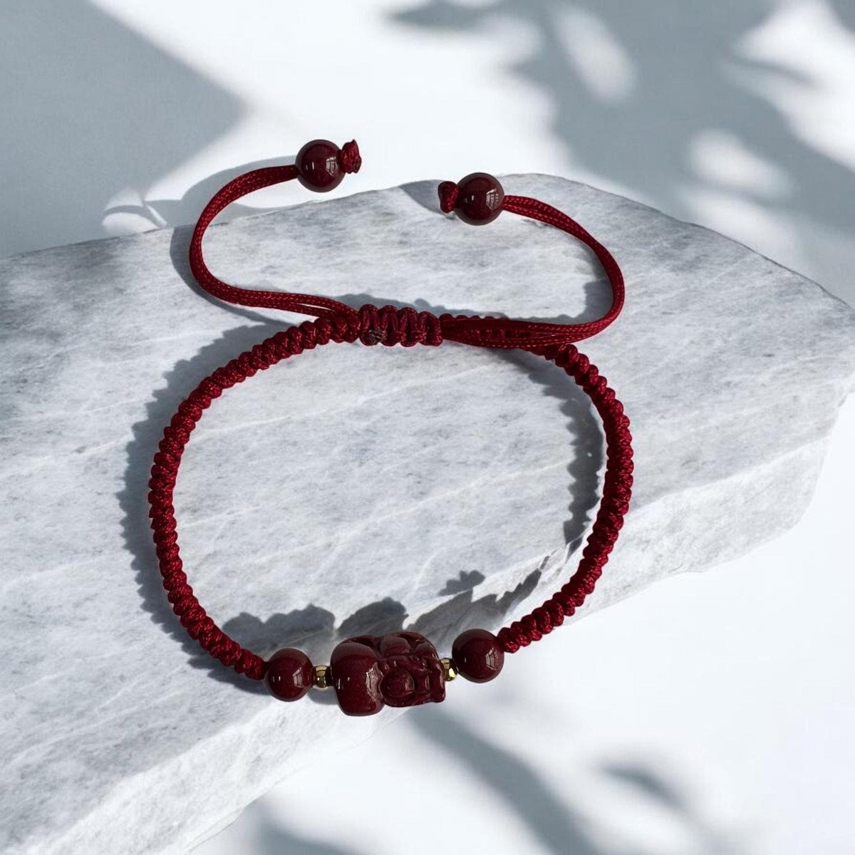Hand-Carved Cinnabar Pixiu Bracelet | Red String Chinese Knot Prosperity Charm