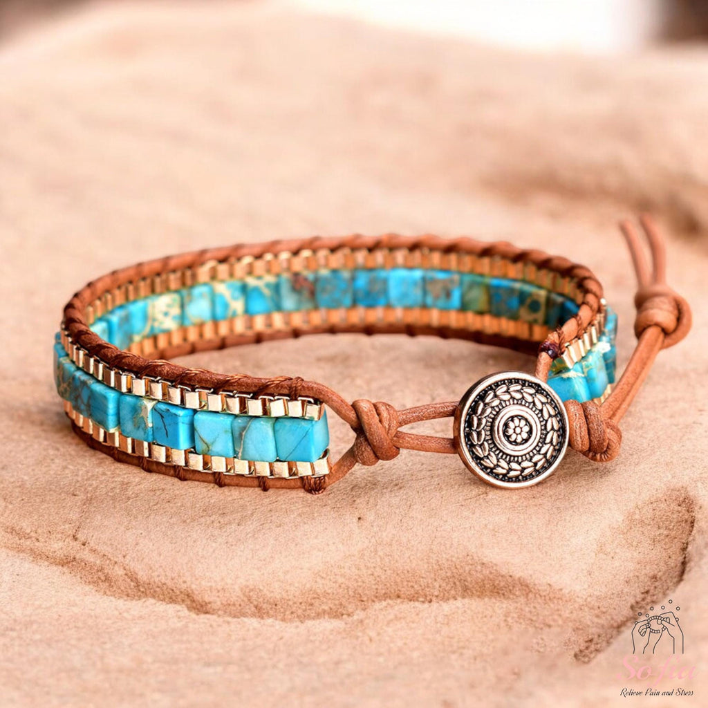 Turquoise Stone Bracelet - Natural Boho Cube Gemstone Bracelet - Turquoise Crystal Healing Bracelet - Gift for her, gift for him