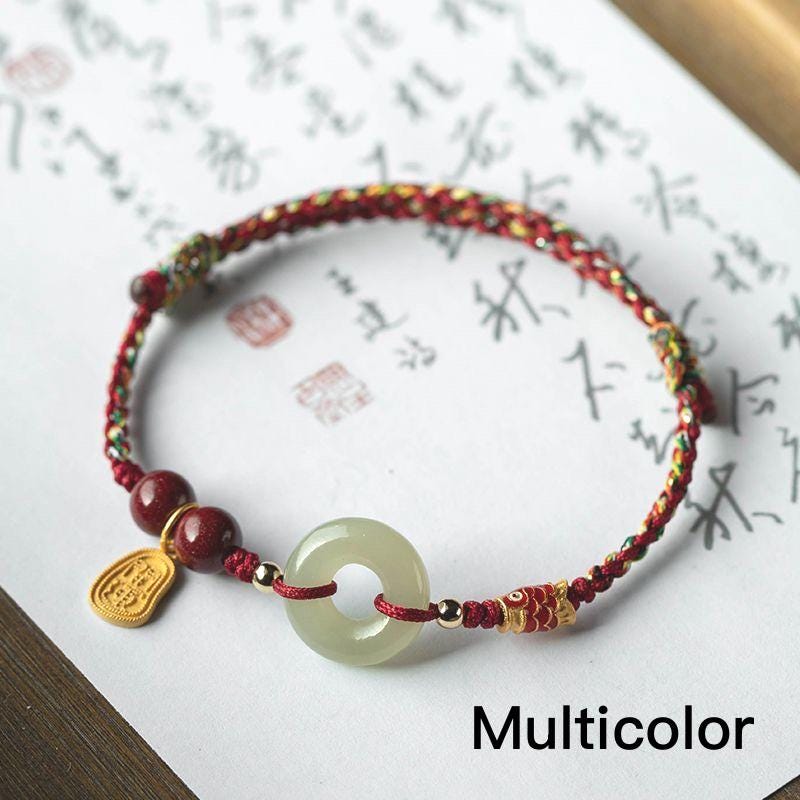 Lucky Red String Bracelet, Handmade Jade Circle Bracelet, Braided Protection Bracelet, Koi Charm Bracelet, Adjustable Gift for Her