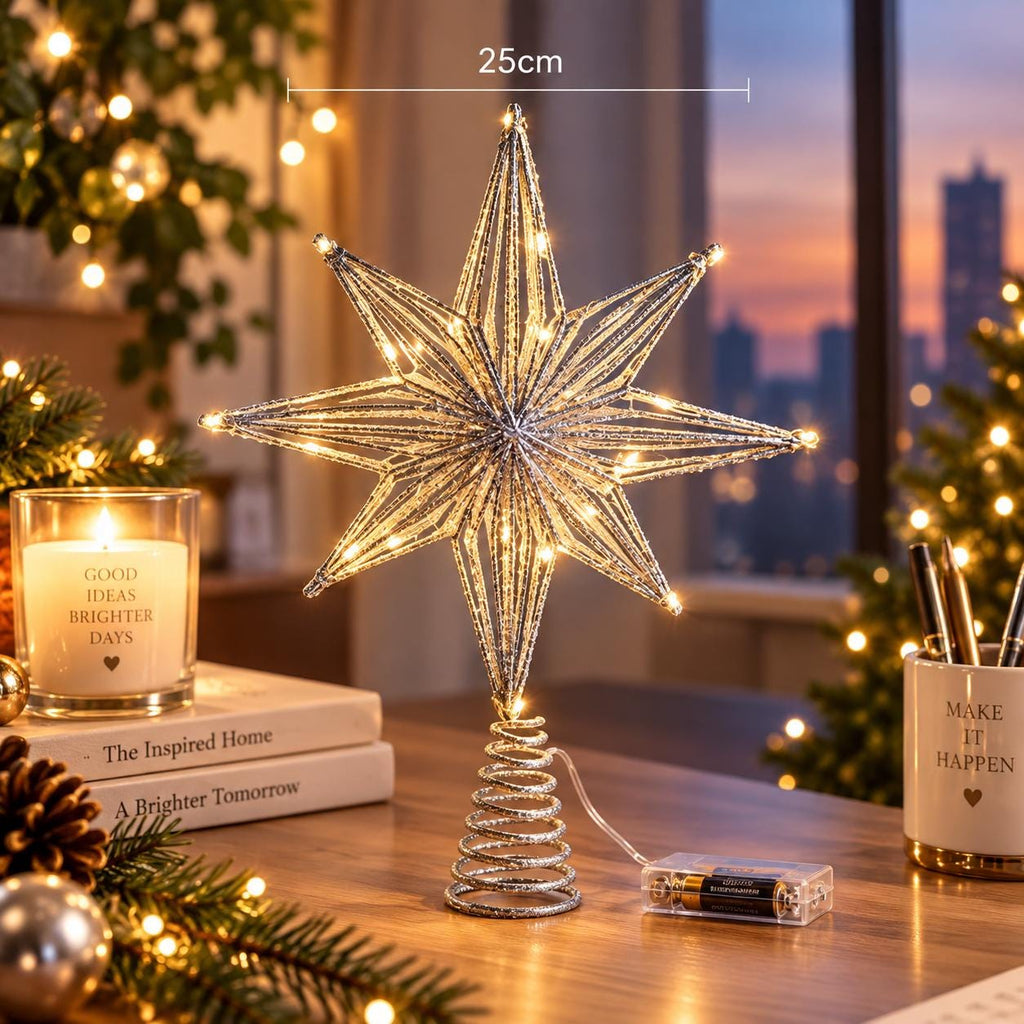 Christmas Tree Star Topper with LED Lights, Warm White Glitter Star, Lighted Holiday Decor
