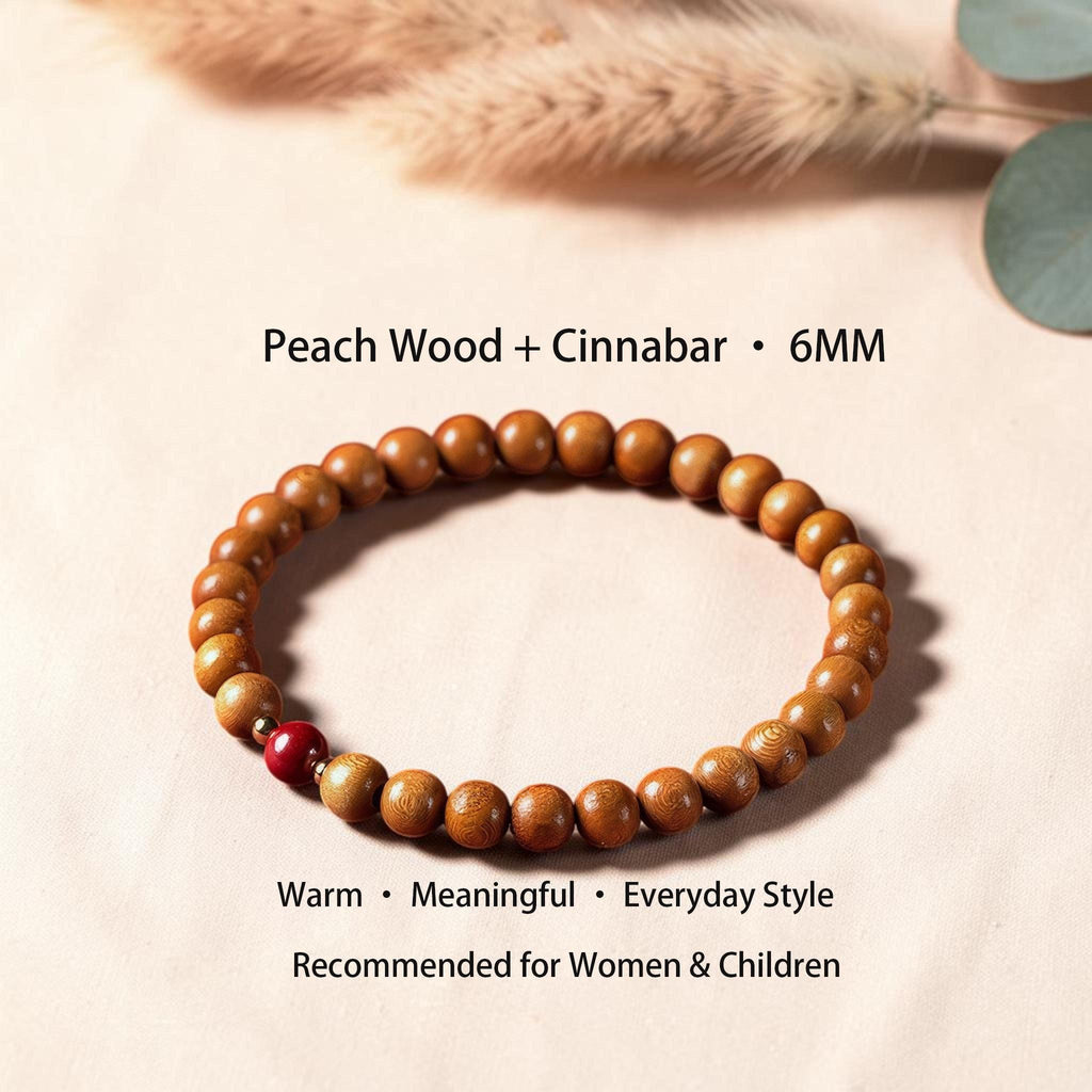 Peach Wood Beaded Bracelet, Peace & Protection Bracelet, Temple Blessed Prayer Gift, Cinnabar Lotus Bracelet, Spiritual Gift