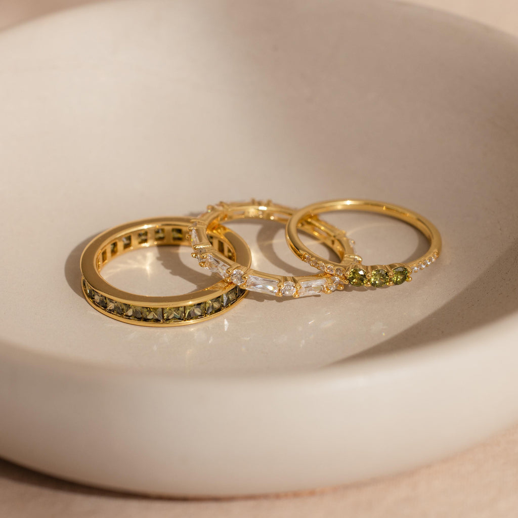 Peridot Ring Set by Seven Lucky Gifts • Set of 3: Vintage Peridot & Diamond Stacking Rings in Gold • Dainty Jewelry • Gift for Wife