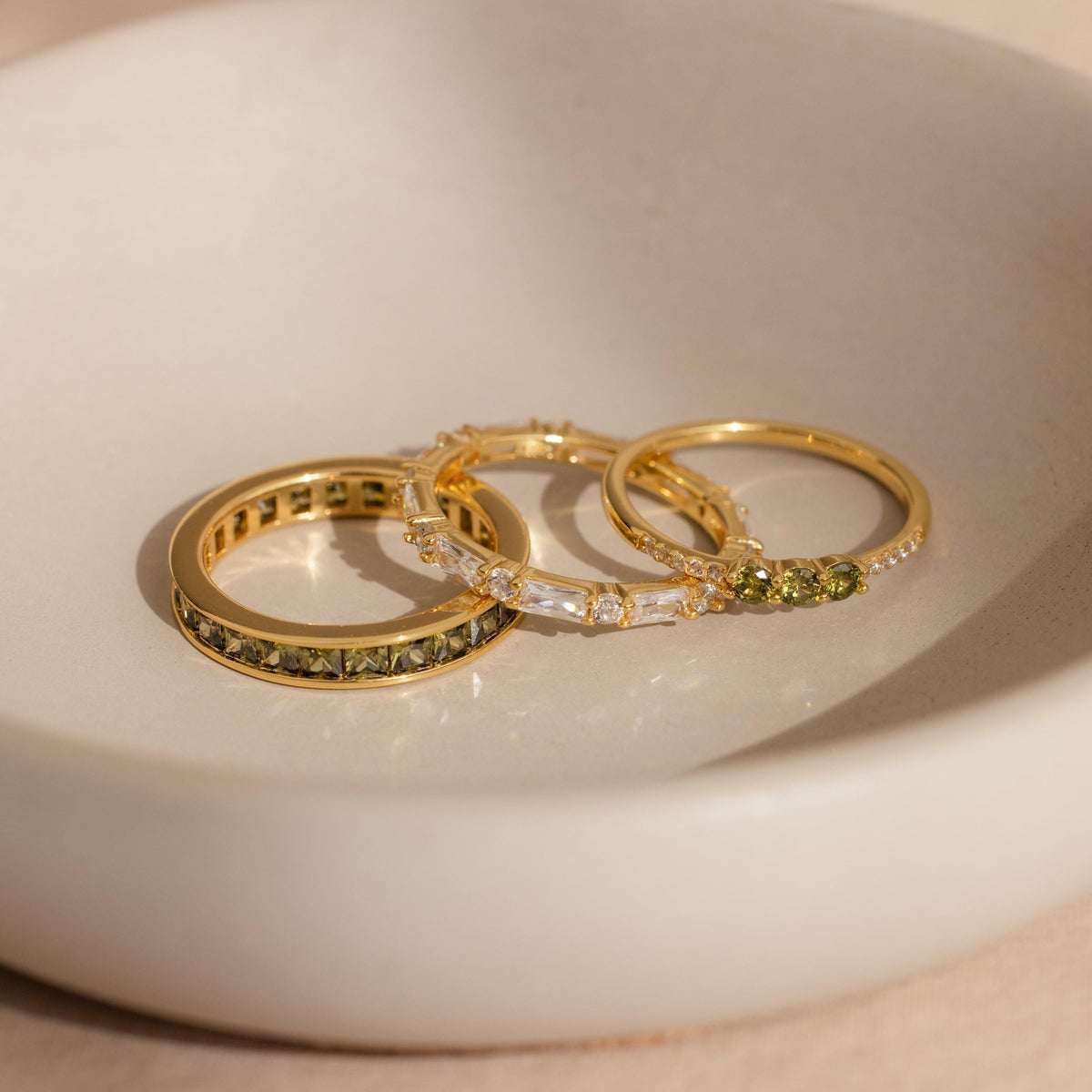 Peridot Ring Set by Seven Lucky Gifts • Set of 3: Vintage Peridot & Diamond Stacking Rings in Gold • Dainty Jewelry • Gift for Wife
