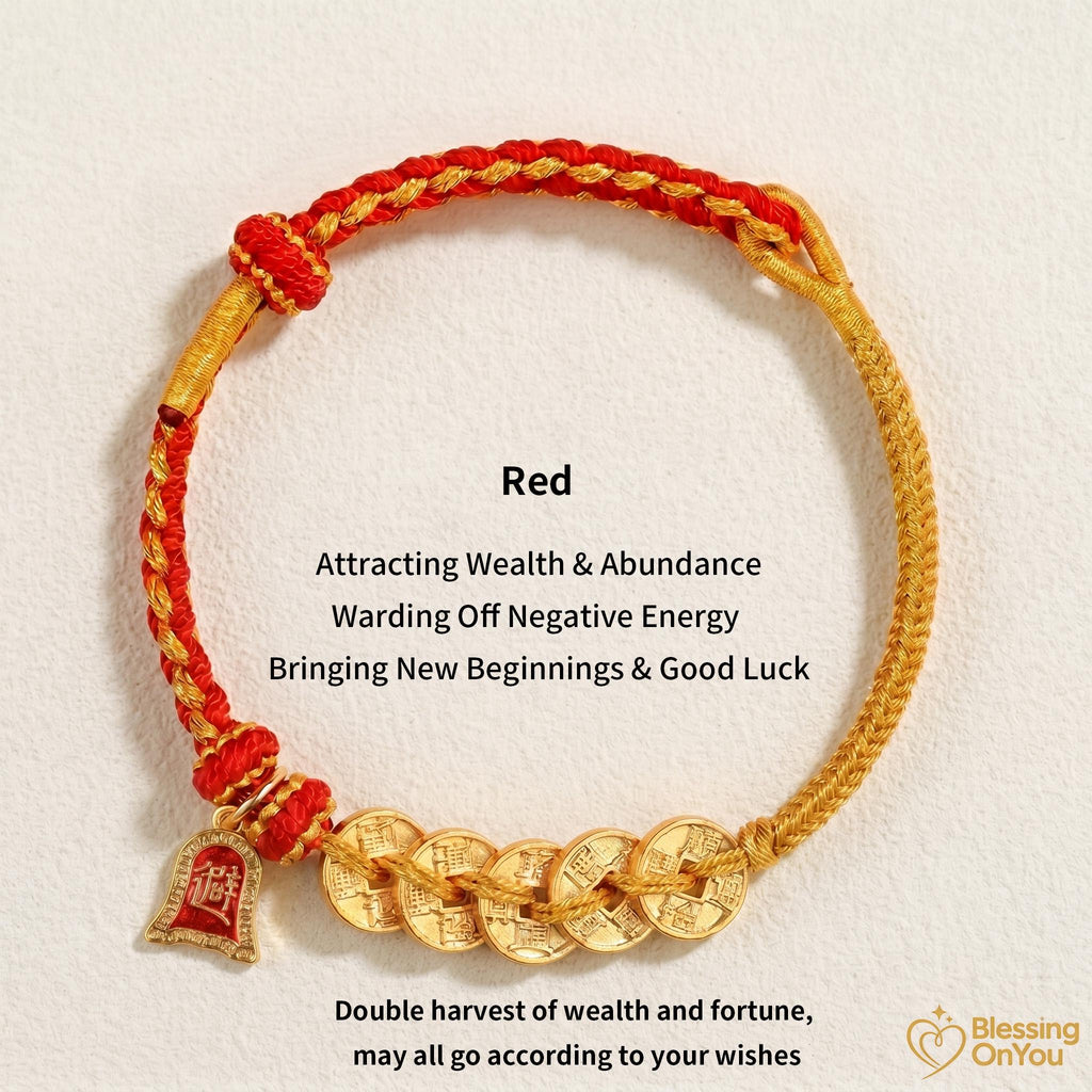 Red String Wealth Bracelet, Wealth Attraction Lucky Horse Charm, Prosperity & Protection Gift, Feng Shui Five Emperors Coins Bracelet