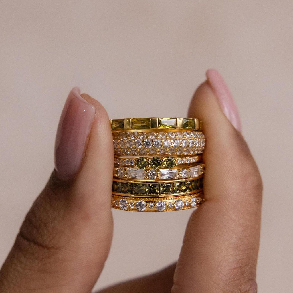 Peridot Ring Set by Seven Lucky Gifts • Set of 3: Vintage Peridot & Diamond Stacking Rings in Gold • Dainty Jewelry • Gift for Wife