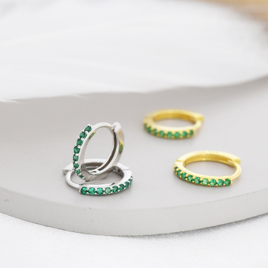 Emerald Green CZ Huggie Hoops in Sterling Silver, Silver or Gold, Minimalist Hoop Earrings, 6mm, 7mm, 8mm Hoops, cartilage hoops,
