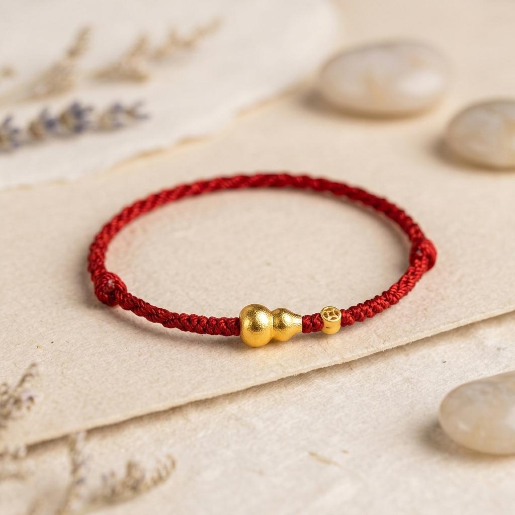 Gold Plated Fu Lu Gourd Red String Bracelet, Lucky Feng Shui Protection Bracelet, Adjustable Minimalist Coin Charm Jewelry Gift for Her Him