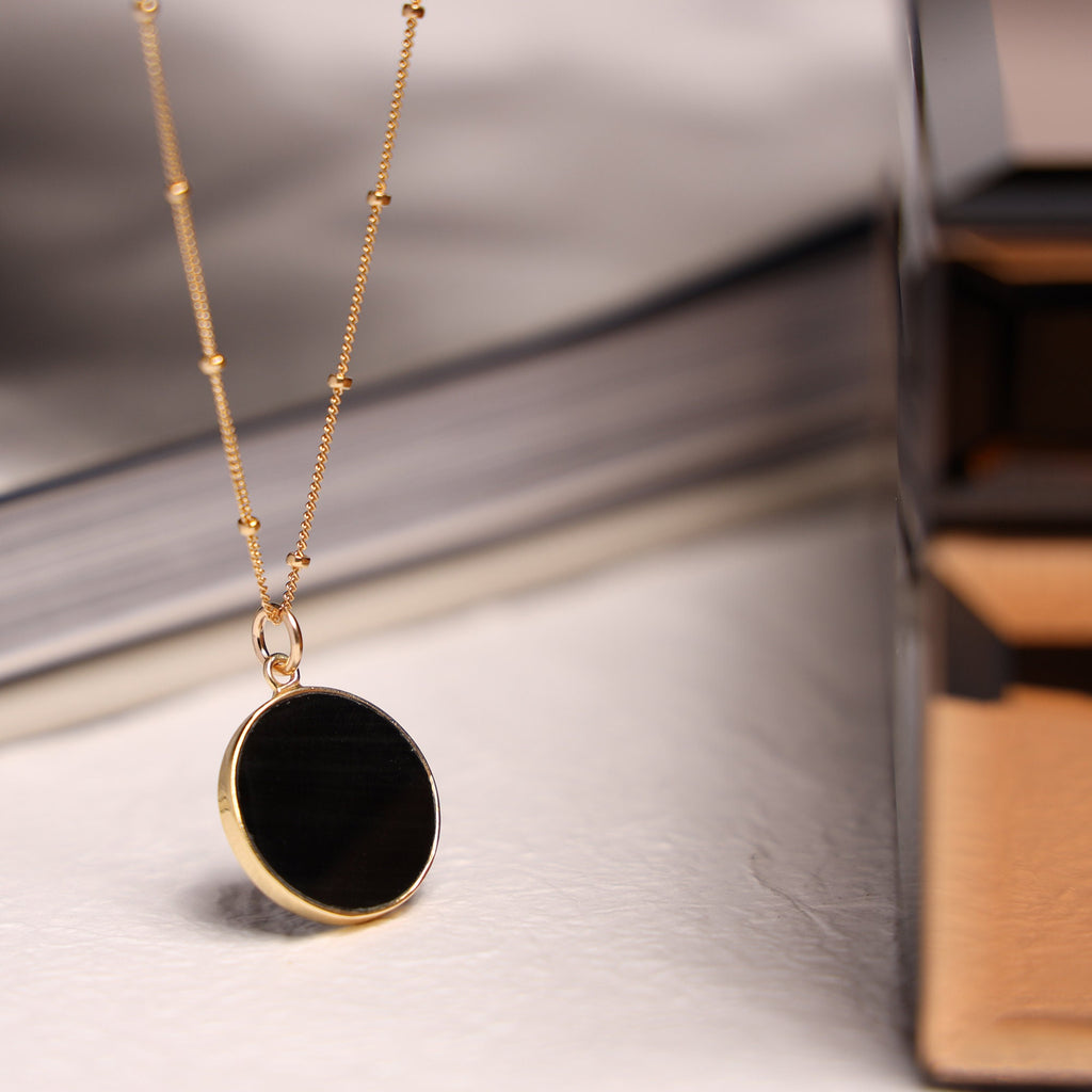 Black Obsidian Circle Pendant Necklace - Minimalist geometric jewelry on 18, 20 or 24 inch 14k gold filled satellite chain - Jewelry Gift