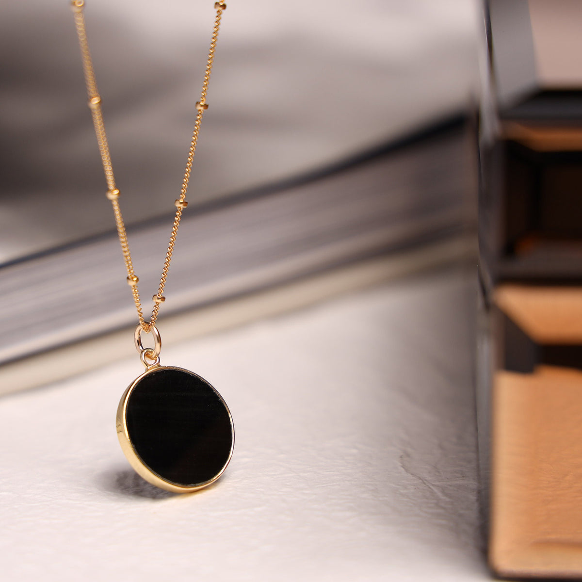 Black Obsidian Circle Pendant Necklace - Minimalist geometric jewelry on 18, 20 or 24 inch 14k gold filled satellite chain - Jewelry Gift