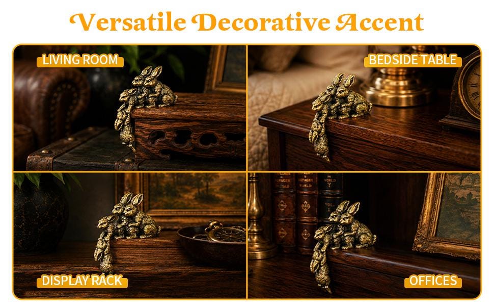 Solid Brass Loving Rabbit Family Figurine Four Bunnies Desk Decor Gift