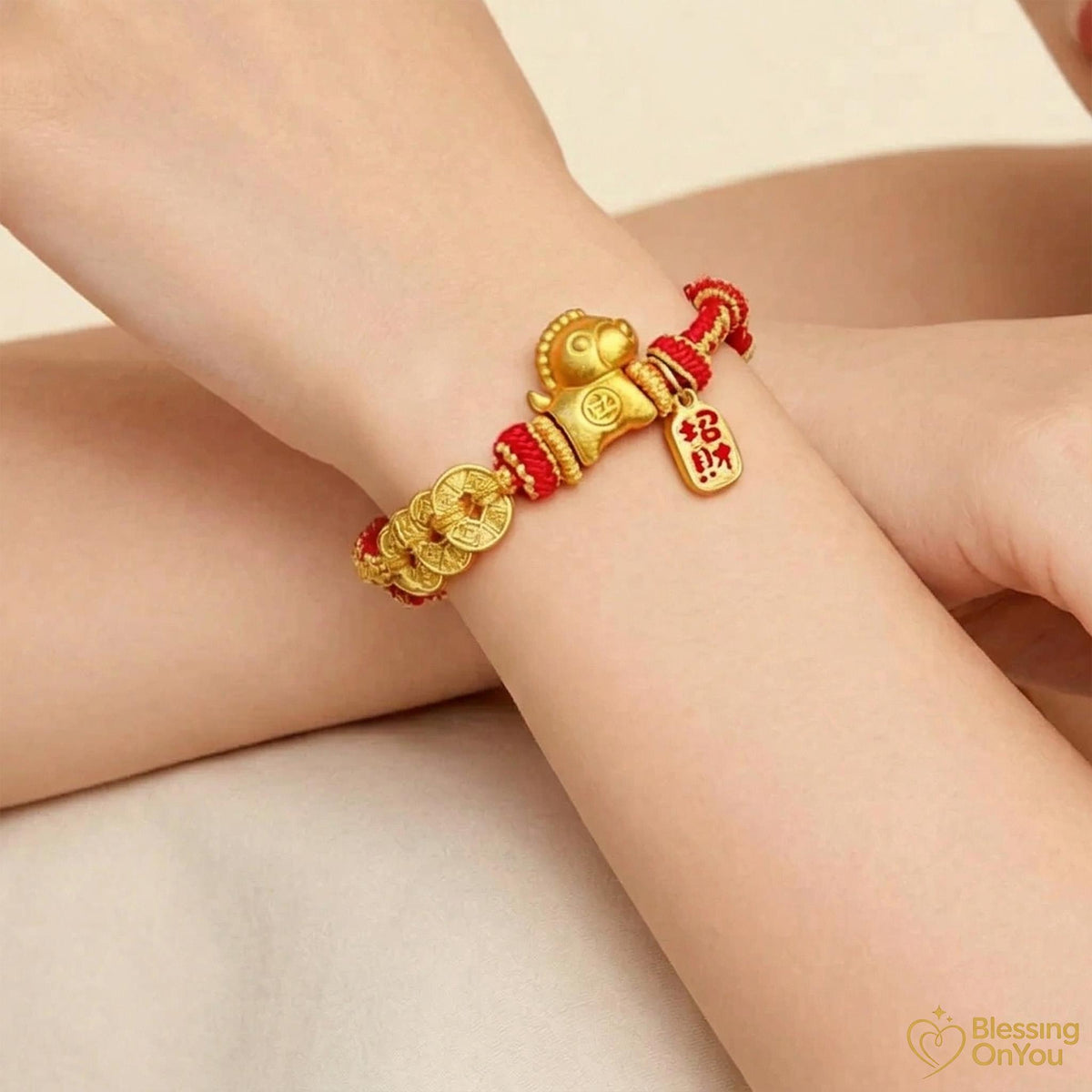 Red String Wealth Bracelet, Wealth Attraction Lucky Horse Charm, Prosperity & Protection Gift, Feng Shui Five Emperors Coins Bracelet