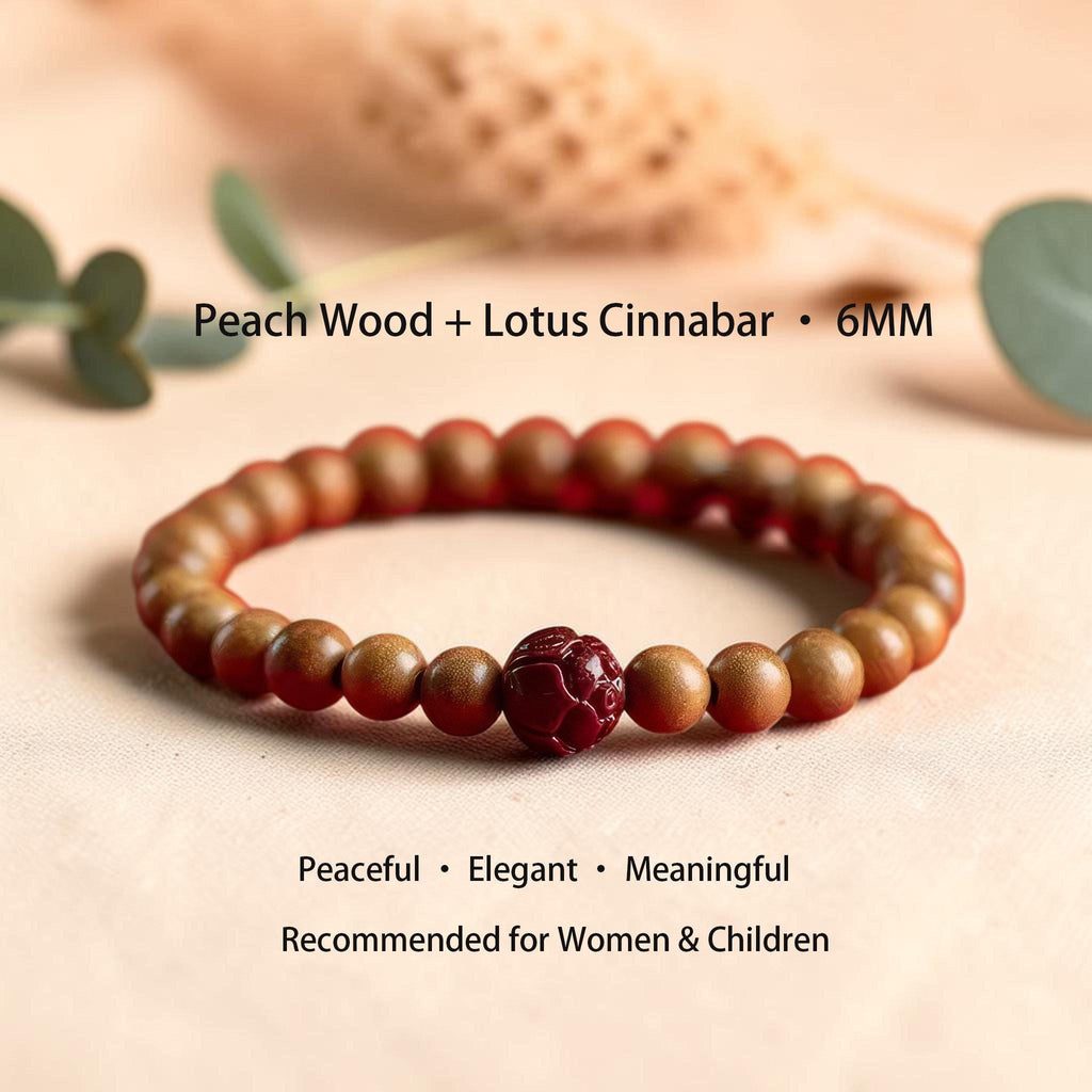 Peach Wood Beaded Bracelet, Peace & Protection Bracelet, Temple Blessed Prayer Gift, Cinnabar Lotus Bracelet, Spiritual Gift