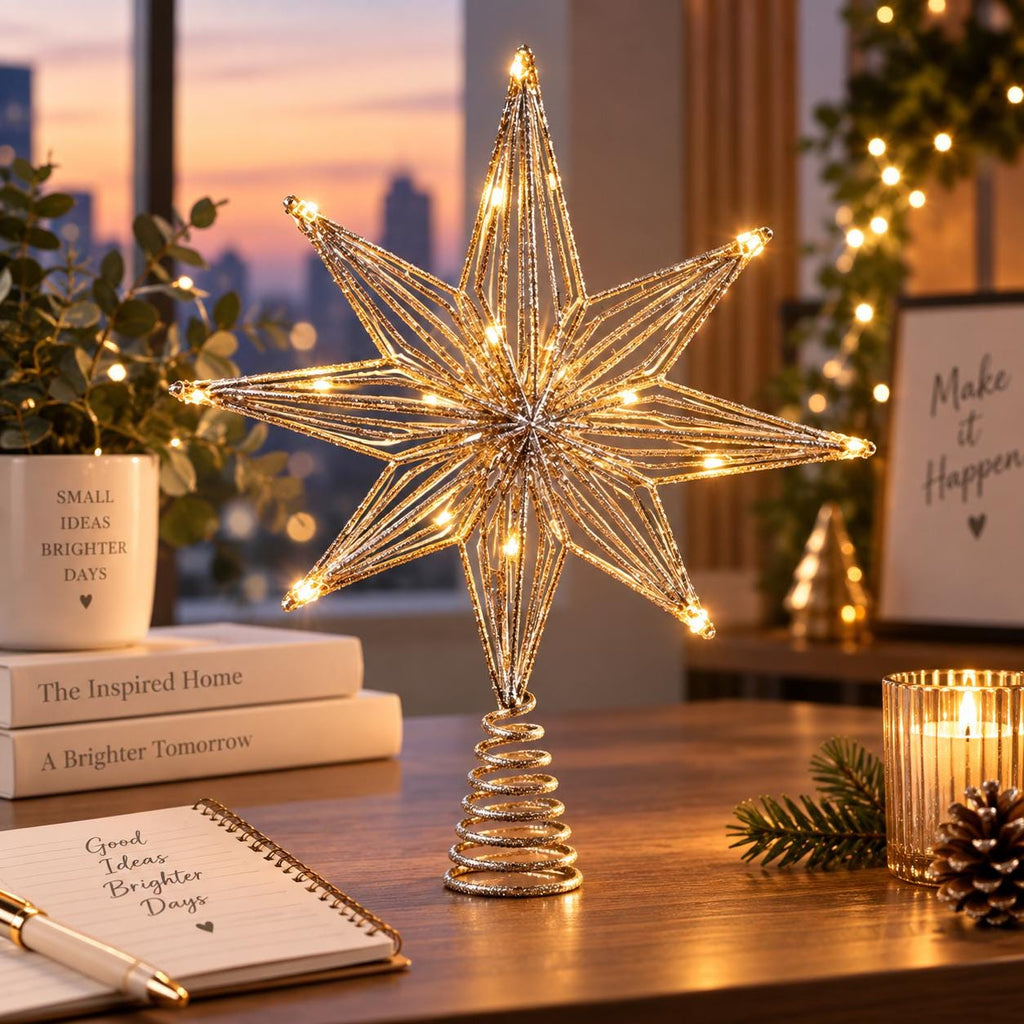 Christmas Tree Star Topper with LED Lights, Warm White Glitter Star, Lighted Holiday Decor