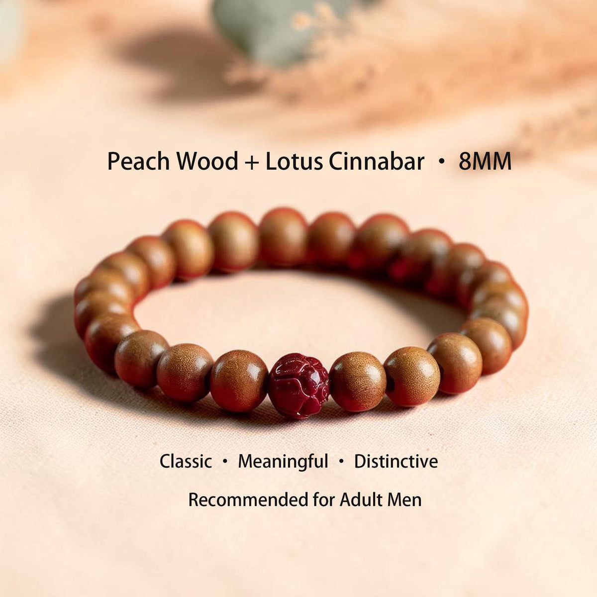 Peach Wood Beaded Bracelet, Peace & Protection Bracelet, Temple Blessed Prayer Gift, Cinnabar Lotus Bracelet, Spiritual Gift