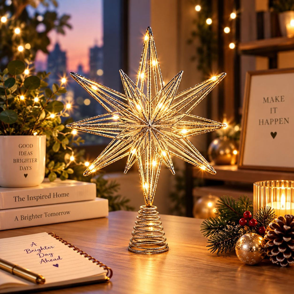Christmas Tree Star Topper with LED Lights, Warm White Glitter Star, Lighted Holiday Decor