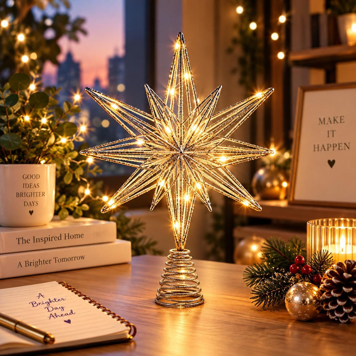 Christmas Tree Star Topper with LED Lights, Warm White Glitter Star, Lighted Holiday Decor