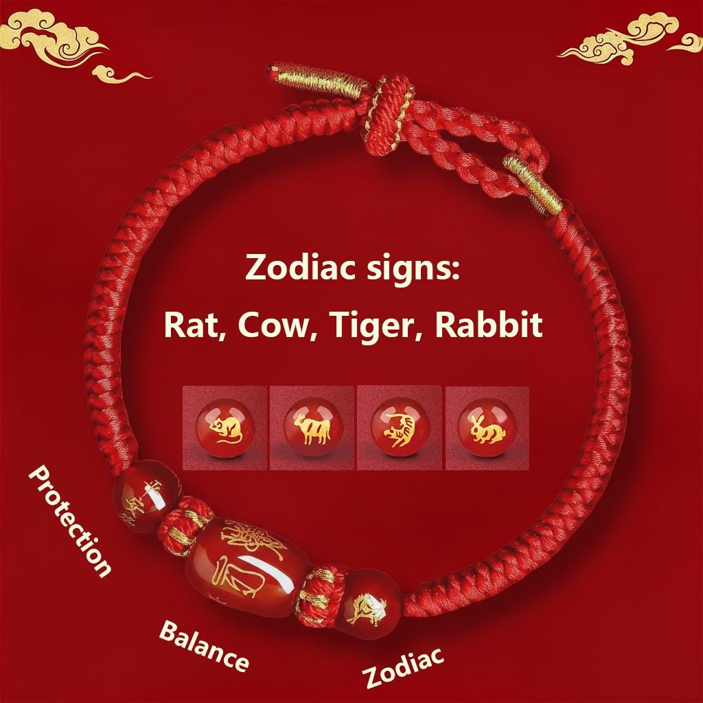 Buddhist Spiritual Zodiac Red String Bracelet | Temple Blessed Agate Protection Bracelet | Feng Shui Lucky Amulet for Horse, Rat & Rabbit