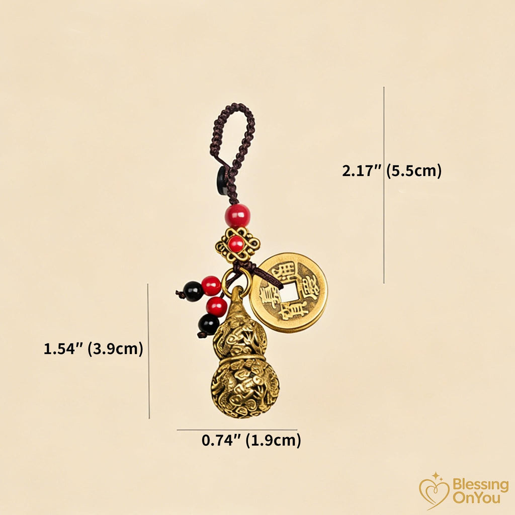 Feng Shui Lucky Cat Keychain, Five Emperor Coins Brass Keychain, Pixiu Wealth Charm, Wu Lou Gourd, Protection Amulet, Lucky Gift