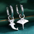 Mismatched Kawaii Hammerhead Shark and Manta Ray Huggie Hoop Earrings in Sterling Silver, Gold or Rose Gold, Asymmetric and Detachable