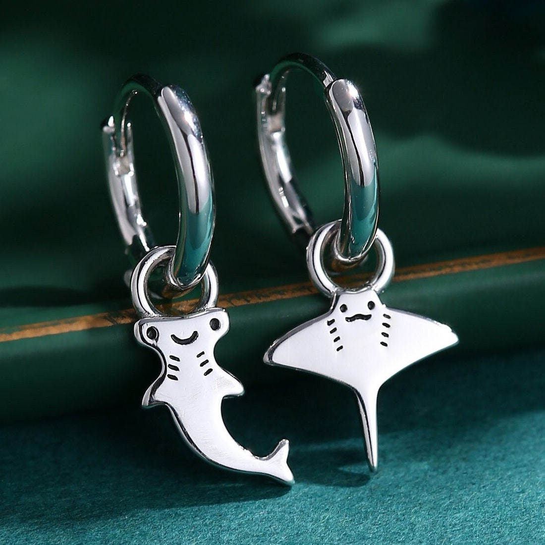 Mismatched Kawaii Hammerhead Shark and Manta Ray Huggie Hoop Earrings in Sterling Silver, Gold or Rose Gold, Asymmetric and Detachable