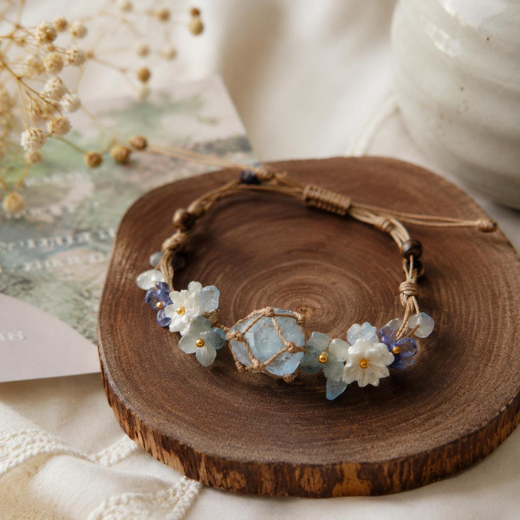 Blue Crystal Flower Bracelet: Adjustable Woven Cord Jewelry