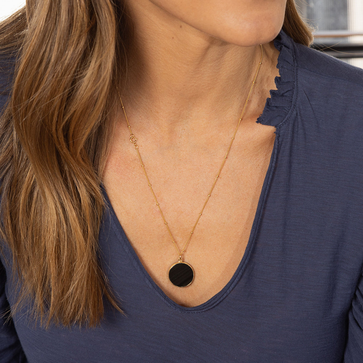 Black Obsidian Circle Pendant Necklace - Minimalist geometric jewelry on 18, 20 or 24 inch 14k gold filled satellite chain - Jewelry Gift