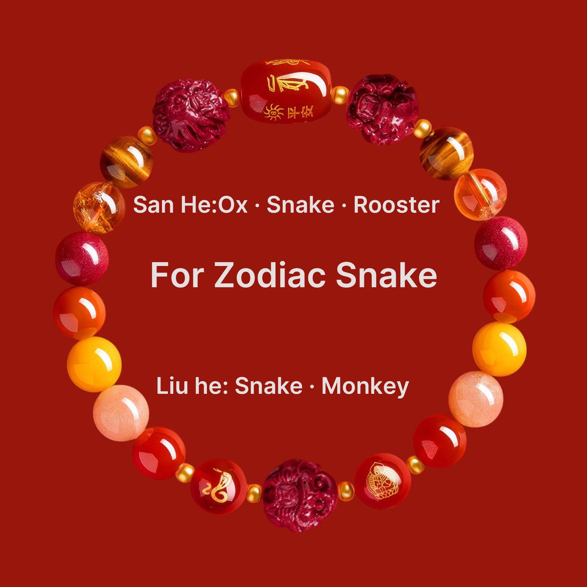 2027 Zodiac Gift Bracelet, Tai Sui Protection Bracelet, Natural Cinnabar & Gemstones, San He Liu He Talisman, Temple Blessed Chinese Zodiac