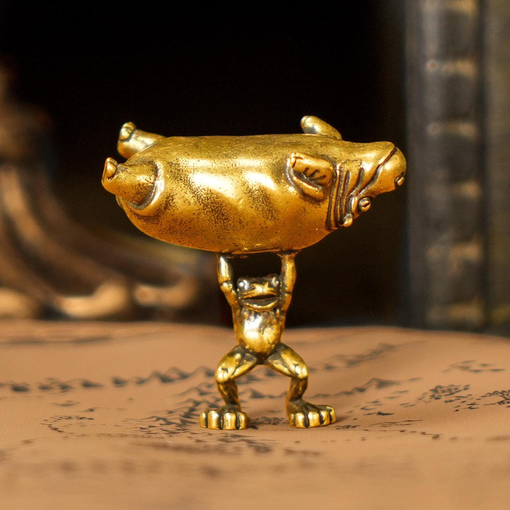 Reversible Frog & Hippo Sculpture – Solid Brass Whimsical Desk Art, Playful Dual Pose Decor
