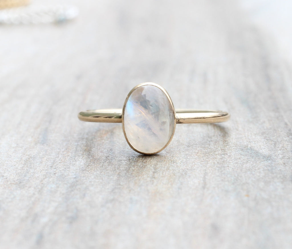 14K Gold Filled or Sterling Silver Rainbow Moonstone Ring: Oval Stacking Ring