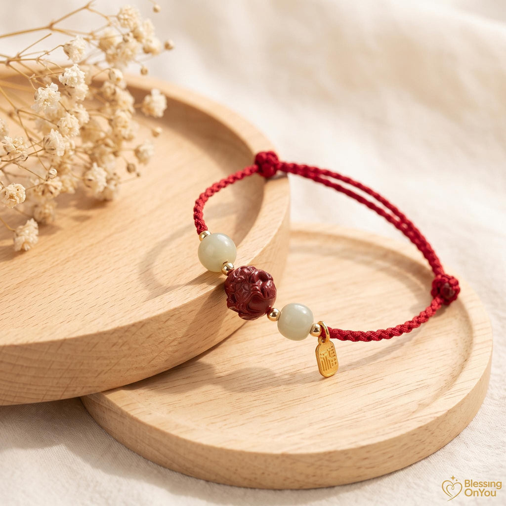 Handmade Red String Zodiac Bracelet, Cinnabar Bead, Temple Blessing Charm (2027 Goat), Jade Beads, Lucky Protection Jewelry,Gift for Her Him