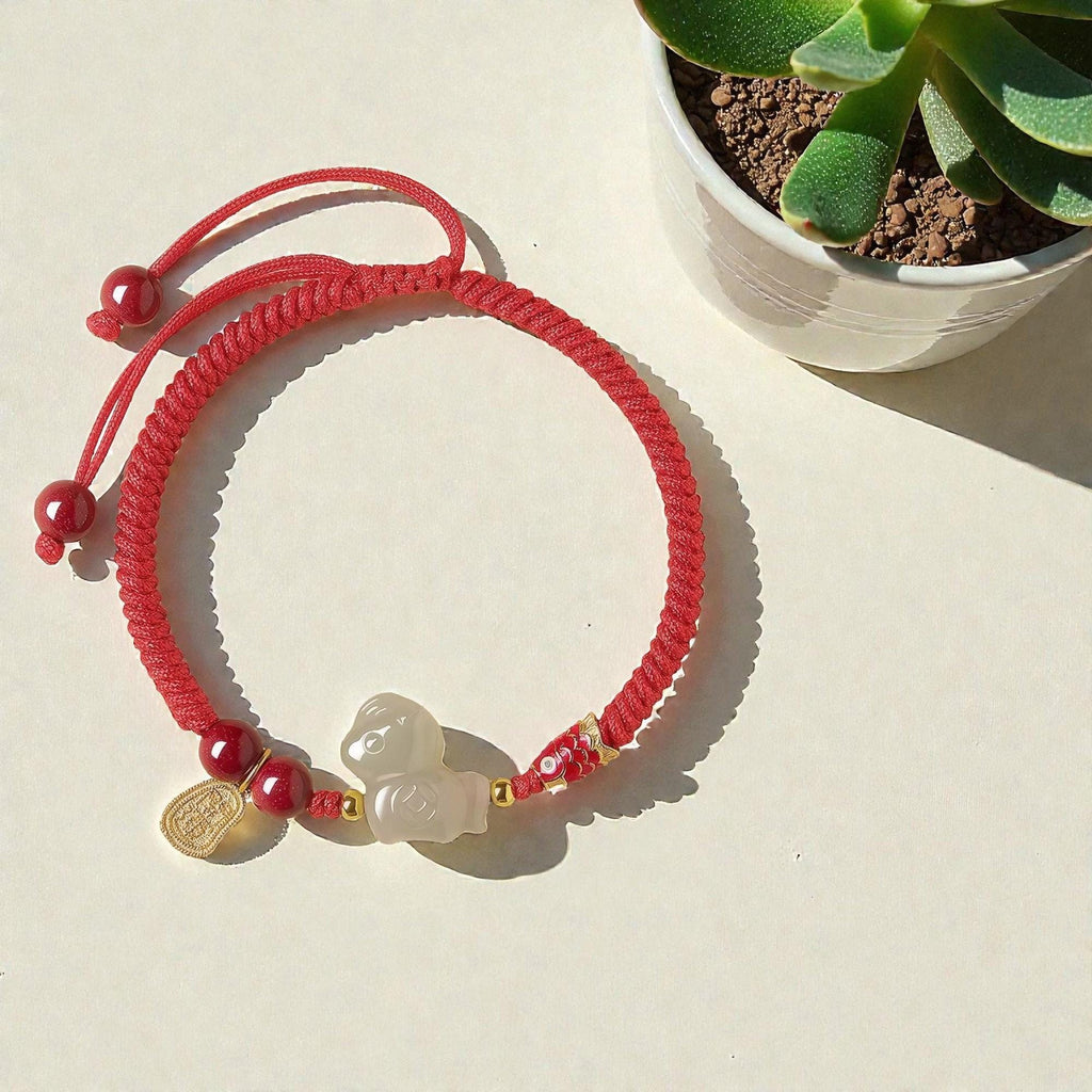 Natural Jade & Cinnabar Protection Bracelet, Temple Blessed, 2026 Horse Zodiac Gift, Good Luck Koi Fish Charm