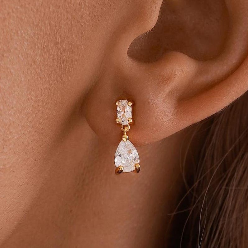 Dainty Diamond Drop Earrings, Minimalist Diamond Stud Earrings, CZ Gold Earrings, Wedding Jewelry, Bridesmaids Gift, Christmas Gift for Mom