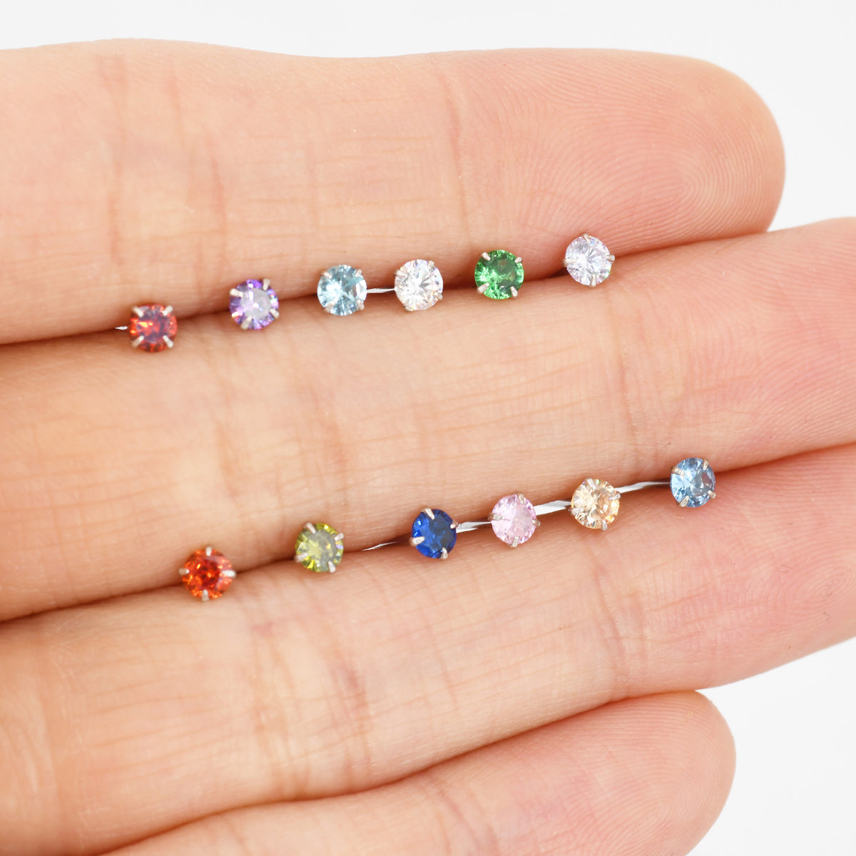 Sterling Silver Tiny Birthstone Stud Earrings, 3mm Birthstone CZ Earrings, Stacking Earrings