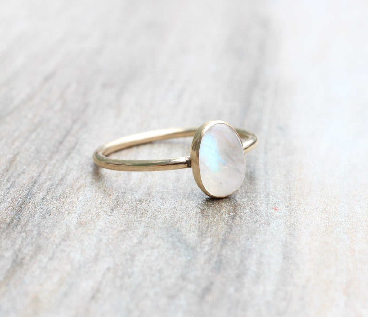 14K Gold Filled or Sterling Silver Rainbow Moonstone Ring: Oval Stacking Ring