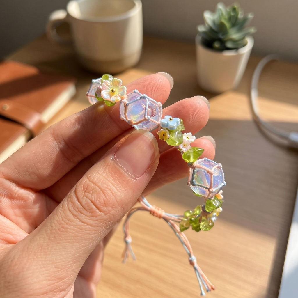 Woven Rope Bracelet with Raw Crystals and Pastel Flowers – Botanical Fairycore Jewelry