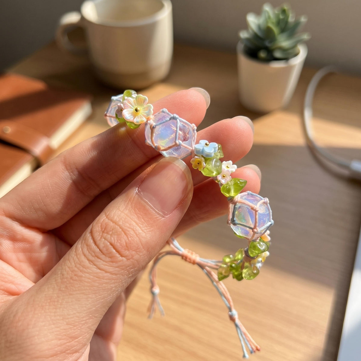 Woven Rope Bracelet with Raw Crystals and Pastel Flowers – Botanical Fairycore Jewelry