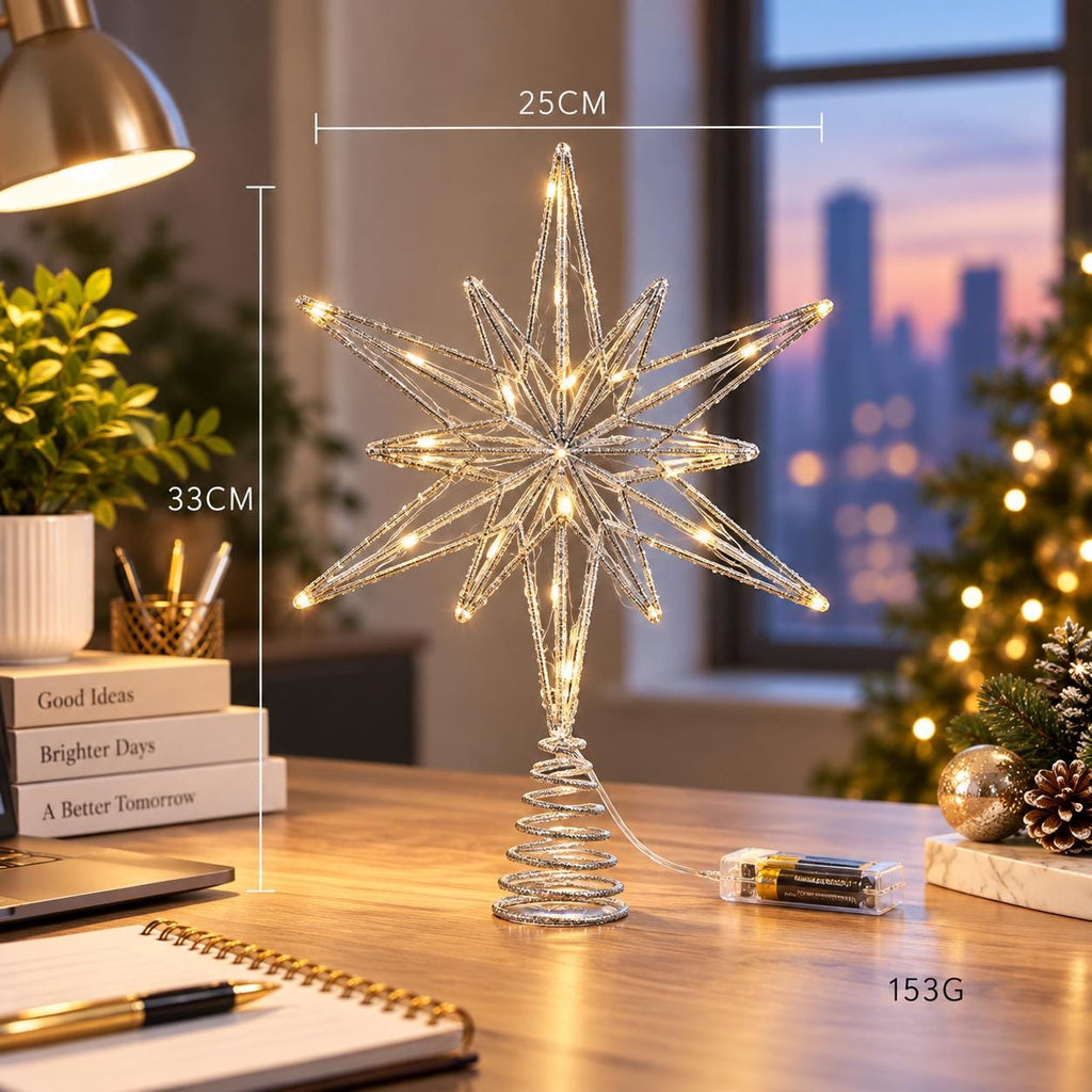 Christmas Tree Star Topper with LED Lights, Warm White Glitter Star, Lighted Holiday Decor
