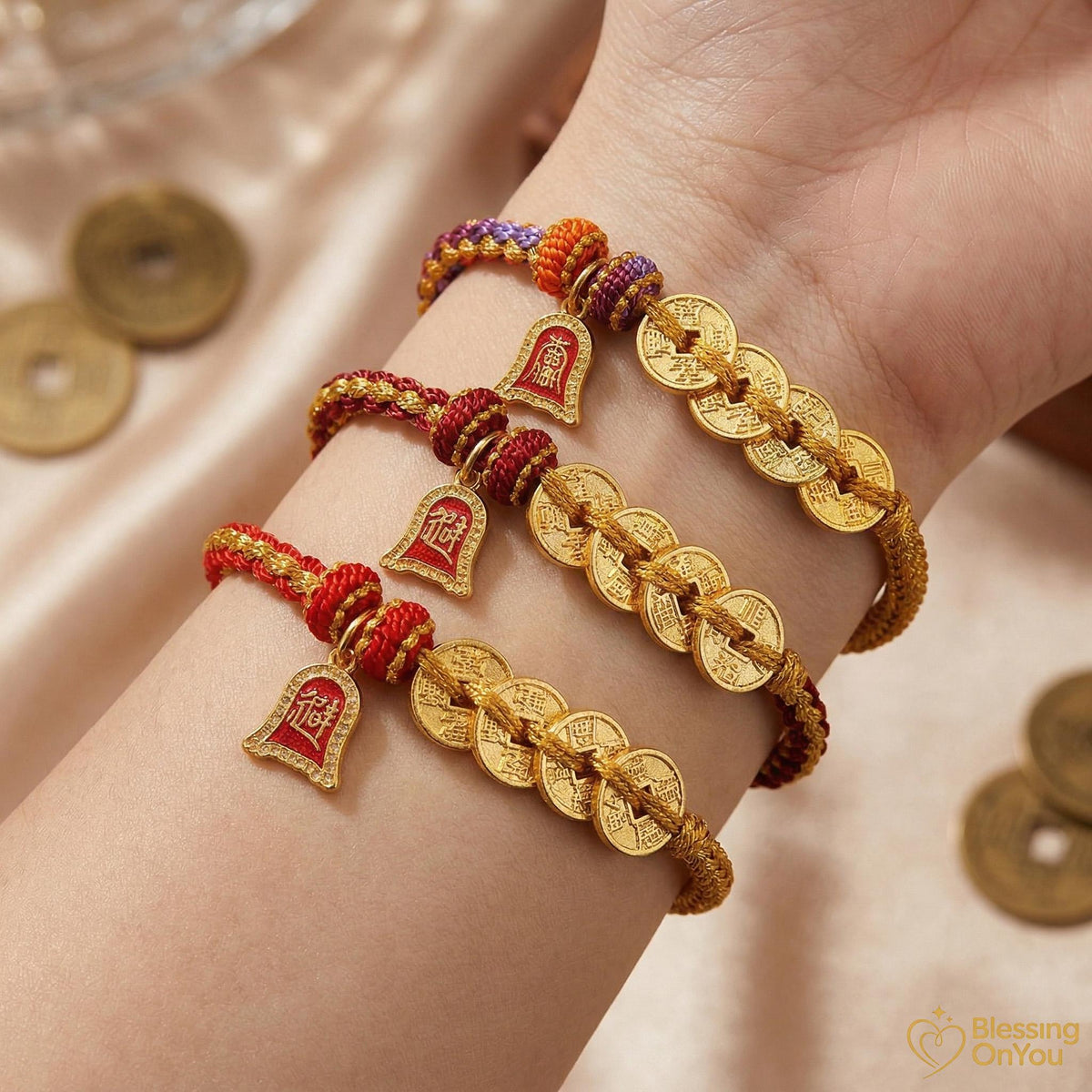 Red String Wealth Bracelet, Wealth Attraction Lucky Horse Charm, Prosperity & Protection Gift, Feng Shui Five Emperors Coins Bracelet