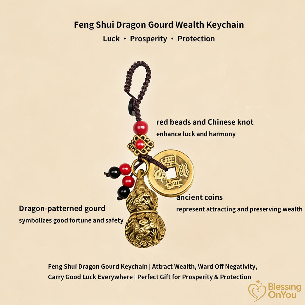 Feng Shui Lucky Cat Keychain, Five Emperor Coins Brass Keychain, Pixiu Wealth Charm, Wu Lou Gourd, Protection Amulet, Lucky Gift