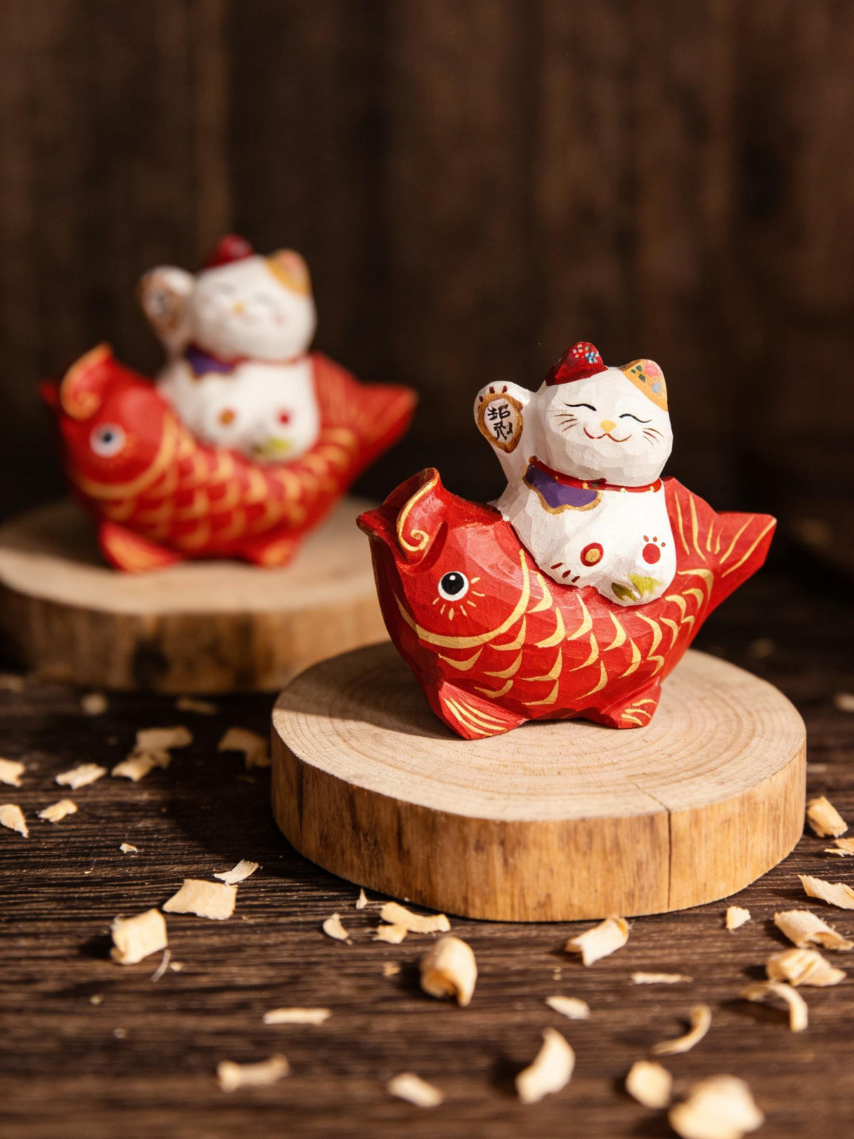 Hand-Carved Wooden Lucky Cat on Fish|Premium Natural Solid Wood|Unique Handmade Decor|Good Luck Figurine|Gift for Animal Lovers & Collectors