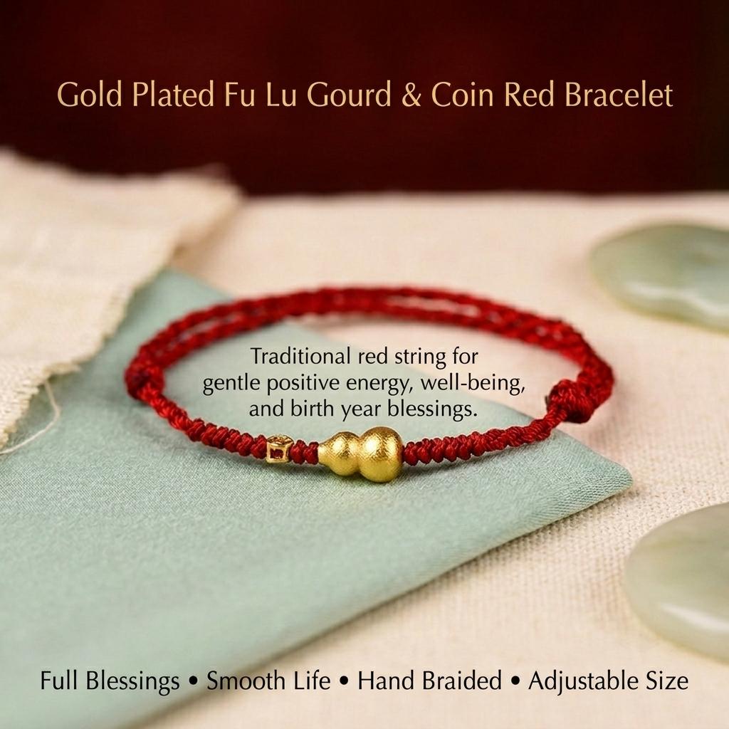 Gold Plated Fu Lu Gourd Red String Bracelet, Lucky Feng Shui Protection Bracelet, Adjustable Minimalist Coin Charm Jewelry Gift for Her Him